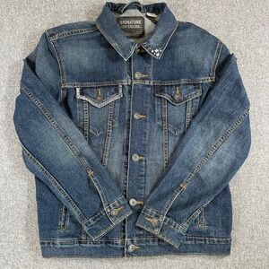 Signature Levi Strauss Trucker Jacket Mens L Blue Graphic Be Nice To People 3937